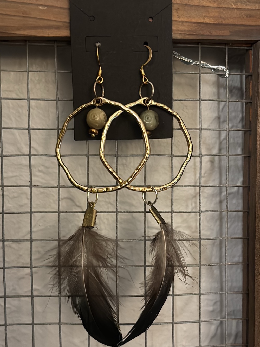 Gold Hoop Feather Drop Earrings